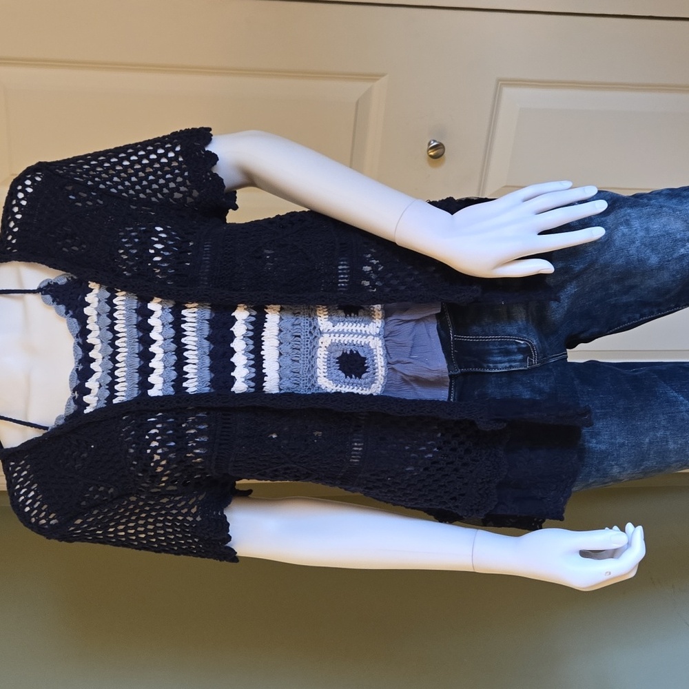 Style & Co. Navy Open Knit Short Sleeve Cardigan With Lace Trim